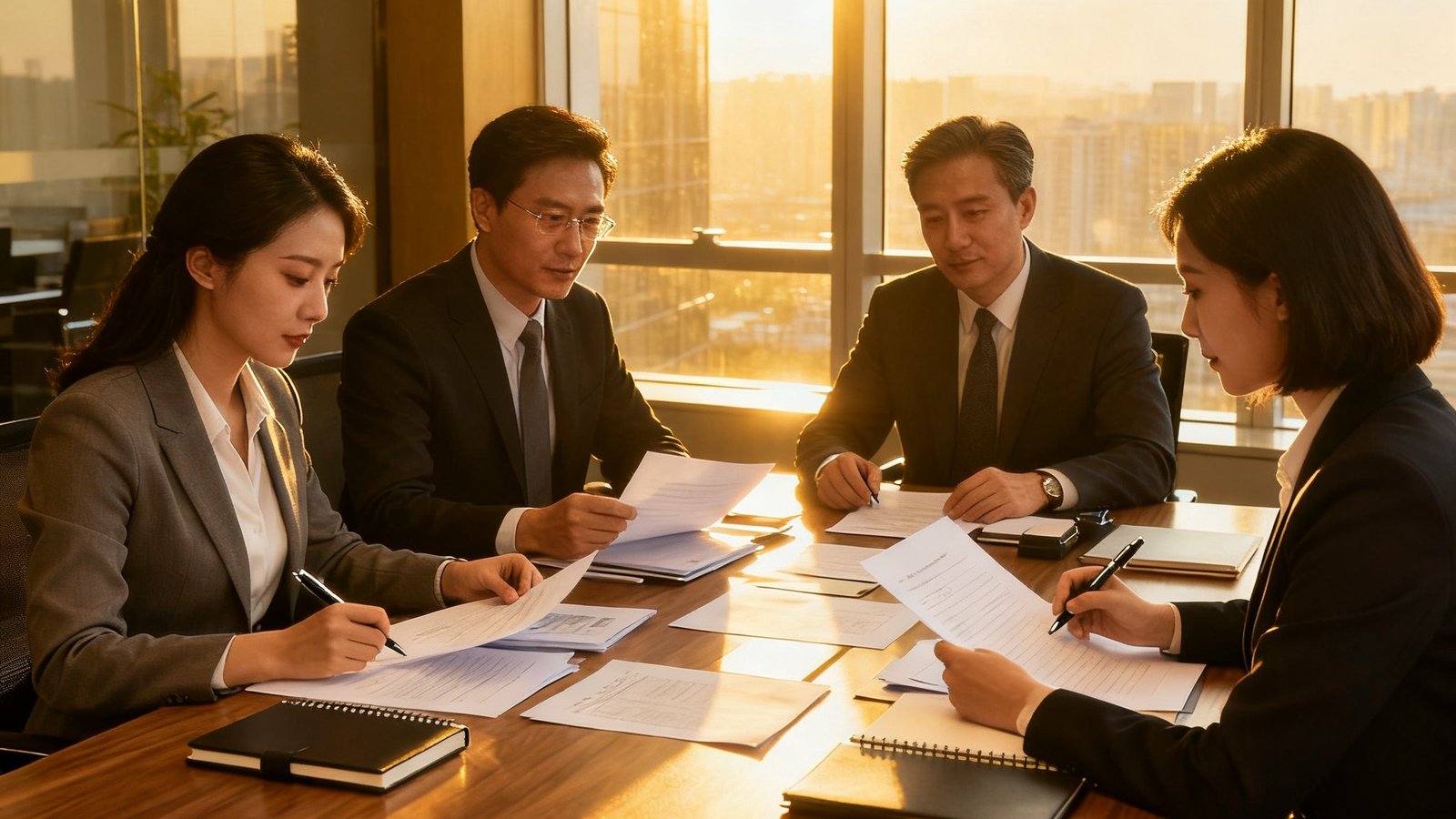 168贵宾会商务秘书正在协助企业高管审核文件，现代化办公室内阳光透过落地窗洒在桌面上，气氛专业而高效。